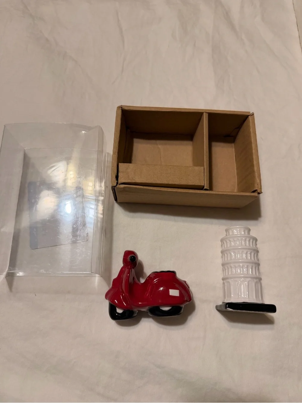 New world Market Salt & Pepper Shakers Set of White Pisa Tower & Red Scooter